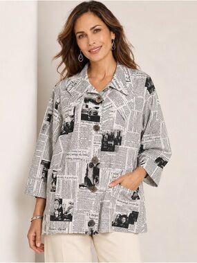Shoreline Black & White Newspaper-Print Utility Jacket